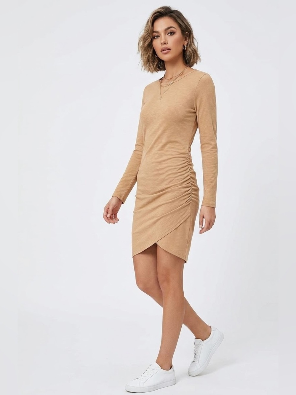 BTFBM $30 NWT Tan Long Sleeve Ruched Bodycon Tulip Hem T-Shirt Dress Size M
